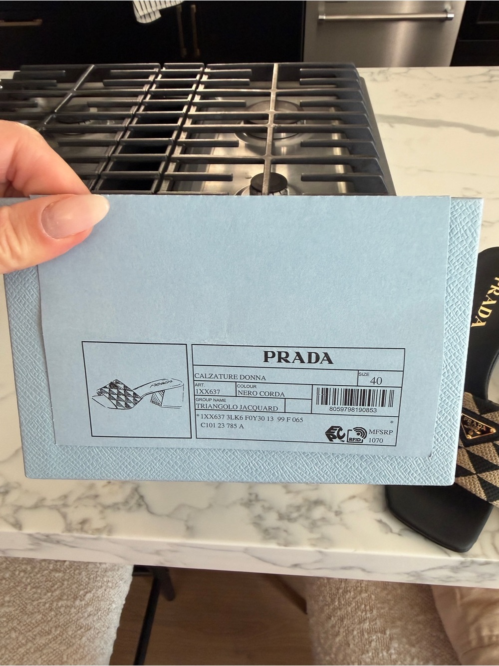 Prada Black and Beige Geometric Woven Slide Mules - Picture 2 of 3